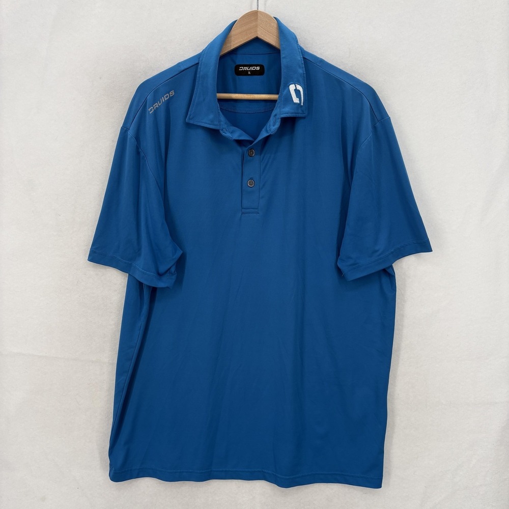 Druids Polo Shirt Mens XL Blue Short Sleeve Polyester Golf Performance Collared